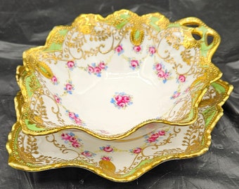 Rare Royal Crockery Noritake Nippon Hand Painted Leaf Shape Sauce Bowl, Matching Underplate ~ Green, Heavily Gilded 22 kt Gold, Pink Roses