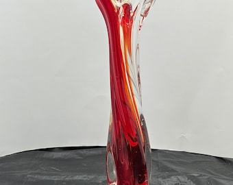 Ruby Red in Clear Hand Swung Bud Vase ~ MCM Art Glass, Twisted ~ Mid Century Mod Crystal Table Decor ~ Holiday Dinner Home Decorating