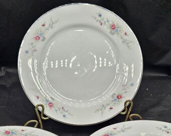 Mid Century Florenteen Fine China Fantasia, Japan Set 3 Bread & Butter Plates ~ Flowers, Grey Baskets, Scrolls, Silver Edge Dish Dinnerware