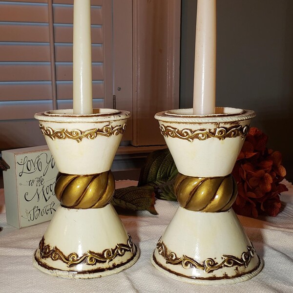 Japanese Composite Tapered Candle Holders ~ 2 Greco Grecian Style ~ Mediterranean Inspired, Corinthian Style ~ Cream & Gold Grand Home Décor