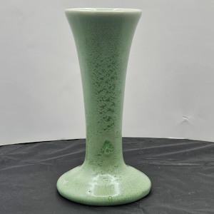 Può includere: Un vaso in ceramica verde chiaro con un'apertura svasata e una base larga. Il vaso ha una smaltatura macchiettata.