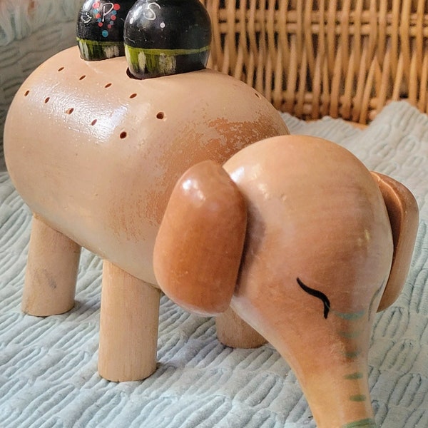 Novelty Kitschy Kitchen Wooden Elephant Toothpick Holder with Hand Painted Salt & Pepper Shakers ~ Vintage Mid Century Japanese Carved Wood