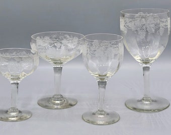 4 Central Glass Works Antique Crystal Stemware ~ Stem #112, Etch 6 ~ Wheelcut Grapes, Optic Panels Art Deco Wine, Water Goblet, Champagne