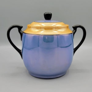 Covered Sugar Bowl Blue & Orange (Peach) Lustreware with Black Handles Meito Bone China, Luster Ware, Made in Japan Asian Fusion Home Decor