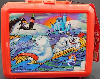 Retro New Condition 1996 Red Aladdin Polar World Log Flume Coca Cola Bears Lunch Kits Lunchbox ~ Coke Collector's Gift for Use or Display