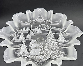 Crystal Mikasa Christmas Story Frosted Footed Bon Bon Plate ~ Holiday Centerpiece Dinner Party, Ruffled, Fluted Pedestal Snack Tray, Platter