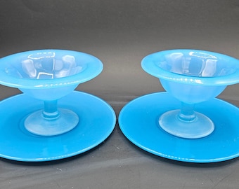 Antique Westmoreland Depression Glass #854 Satin Finish Sherbet, Champagne Drinking Glasses & Plate in Robin Egg Blue ~ Elegant Dinner Party