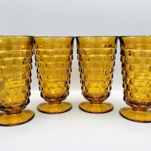 4 szklanki do herbaty mrożonej Indiana Whitehall Colony Amber Gold Flared Rim ~ Shabby Chic Mid Century Modern Cubist Estetyczny zestaw szklanych naczyń