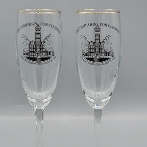 Pair of Champagne Glasses ~ A Campaign for Clemson ~ Victory Celebration 1992 ~ Unique Clemson Alumni Gift ~ Tillman Hall Clock Tower Image
