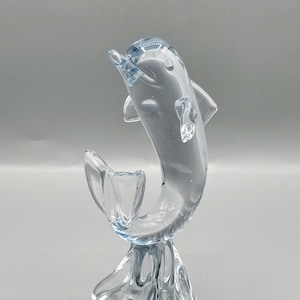 1978 Art Glass Vintage Clear Dolphin Signed Lyn ~ Retro Elegant Porpoise Jumping out of Water Sculpture ~ Ocean, Sea Collector Gift Ideas