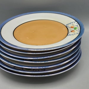 Può includere: Un set di otto piccoli piatti rotondi in ceramica con un bordo blu e bianco e un centro arancione chiaro. I piatti hanno un motivo floreale in blu e bianco.