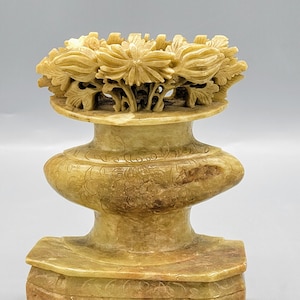 Antik kinesisk handskuren bärnsten honungstäljsten natursten platt baksida blomkruka, urna ~ Asiatisk fusion blomfigur heminredning bokstöd