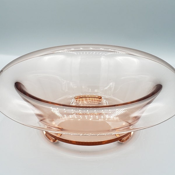 Hazel Atlas Pink Depression Glass Rolled Edge Console Bowl ~ 3 Footed Pale Pink Centerpiece Dish ~ Hollywood Regency Art Deco Collectible