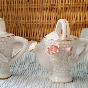 Vintage Japanese White Hobnail Porcelain Salt & Pepper Shakers ~ You Choose: Coffee Pots or Watering Cans, Applied Pink Flowers