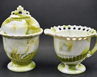 EAPG Antique Atterbury Lace Edge in Moss Agate Covered Sugar Bowl and Creamer ~ Slag, Marble Green and White Milk Glass Dinnerware Dishes