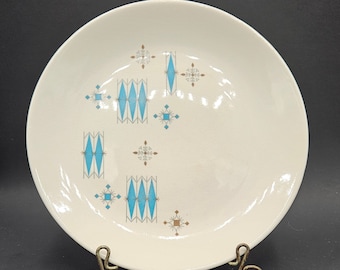 Mt Clemens Modern Blue Dinner Plate ~ MCM Atomic Dinnerware Turquoise & Brown Stars, Snowflakes ~ Mid Century Home Decor, Accent Dishes