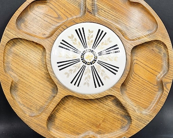 Sero Wood, Japan Mid Century Serving Pieces with Hand Painted Porcelain Insets ~ MCM Lazy Susan Replacement or Clock Trivet Wall Hanging