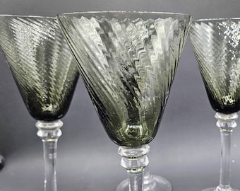 4 Swirled Blown Wine Glasses ~ Tall, Wide Mouthed Olive Green to Gray Bowls, Clear Stems w Rings ~ 9.5" Stemware Glassware Drinking Glasses