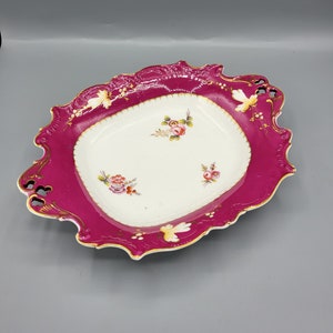 English or German Hand Painted Fuchsia Pink Porcelain Double Handled Dish, Intricate Cut Out Designs ~ Roses, Leaves with Gold Gilded Edges
