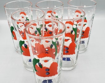 Vintage KIG Indonesia Santa Claus Drinking Glasses ~ Set of 6 Christmas Holiday Festive Tumblers Glassware ~ 14 oz Party, Barware Gift Ideas