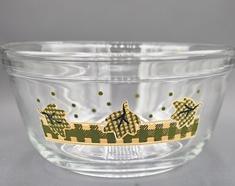 Anchor Hocking 2.5 Quart Country Farmhouse Mixing, Serving, Nesting Bowl ~ Retro Replacement Kitchen Dishes Green & Tan Gingham Band, Leaves