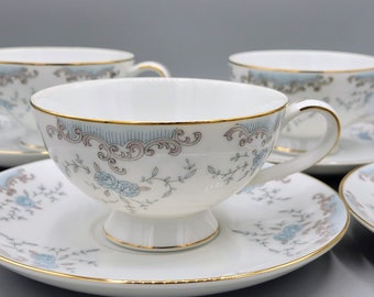 Mid Century Imperial China Japan W Dalton Seville Blue Florals ~ LAST PIECES: Cups & Saucers, Soup Bowls, Gravy Boat w Attached Underplate
