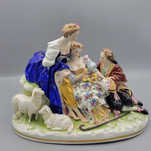 Scheibe-Alsbach Kister Germany High Glazed Porcelain Figurine ~ Mid Century Shepherd, 2 Ladies, Lambs German Hand Painted Art Figure Statue