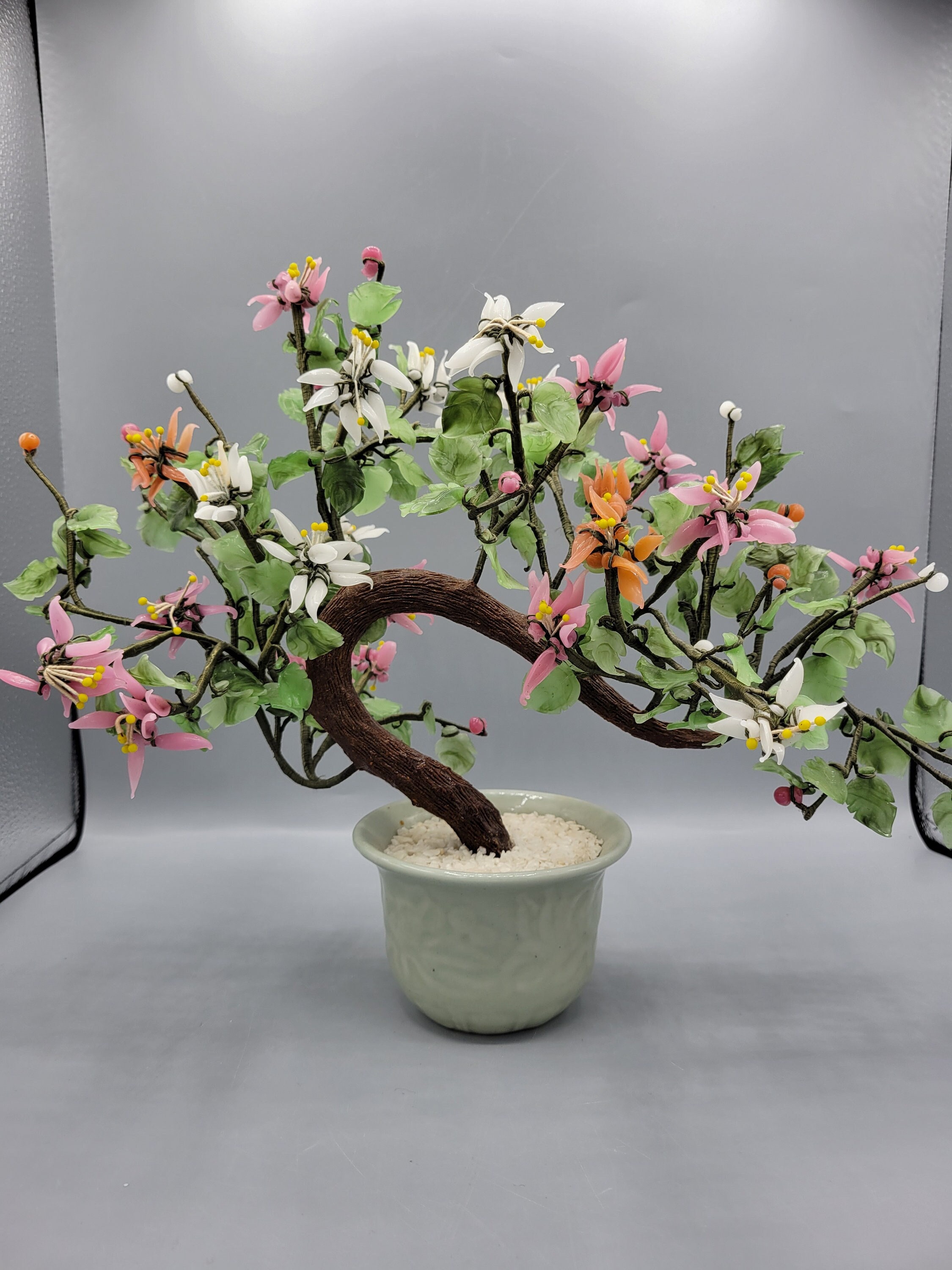 Vintage Jade Agate Glass Bonsai Tree ~ Midcentury Chinese, Asian Art ~  Bendable White, Orange & Pink Flowers, Green Leaves ~ Great Gift Idea - Etsy