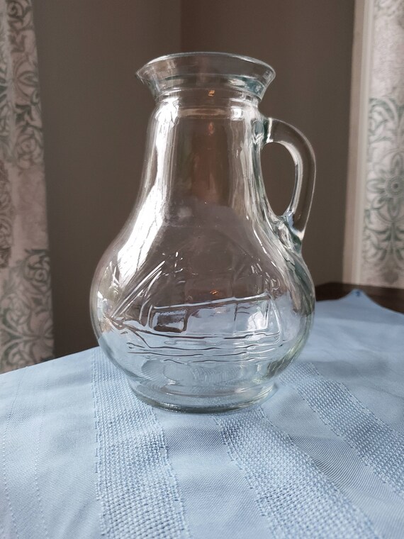 Embossed Clipper Ship Or Sailboat Small Vintage Glass Syrup - Small Glass Pitcher For Syrup Embossed Clipper Ship Or Sailboat Small Vintage Glass Syrup - Small Glass Pitcher For Syrup