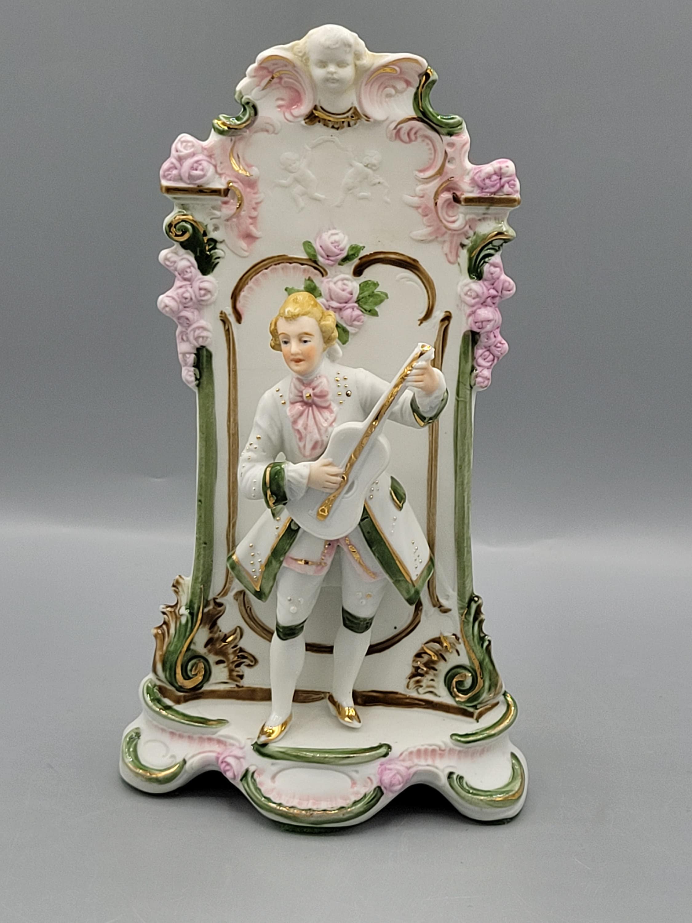 Antique German Bisque Vase ~ Male Suitor Playing Guitar ~ Scheibe