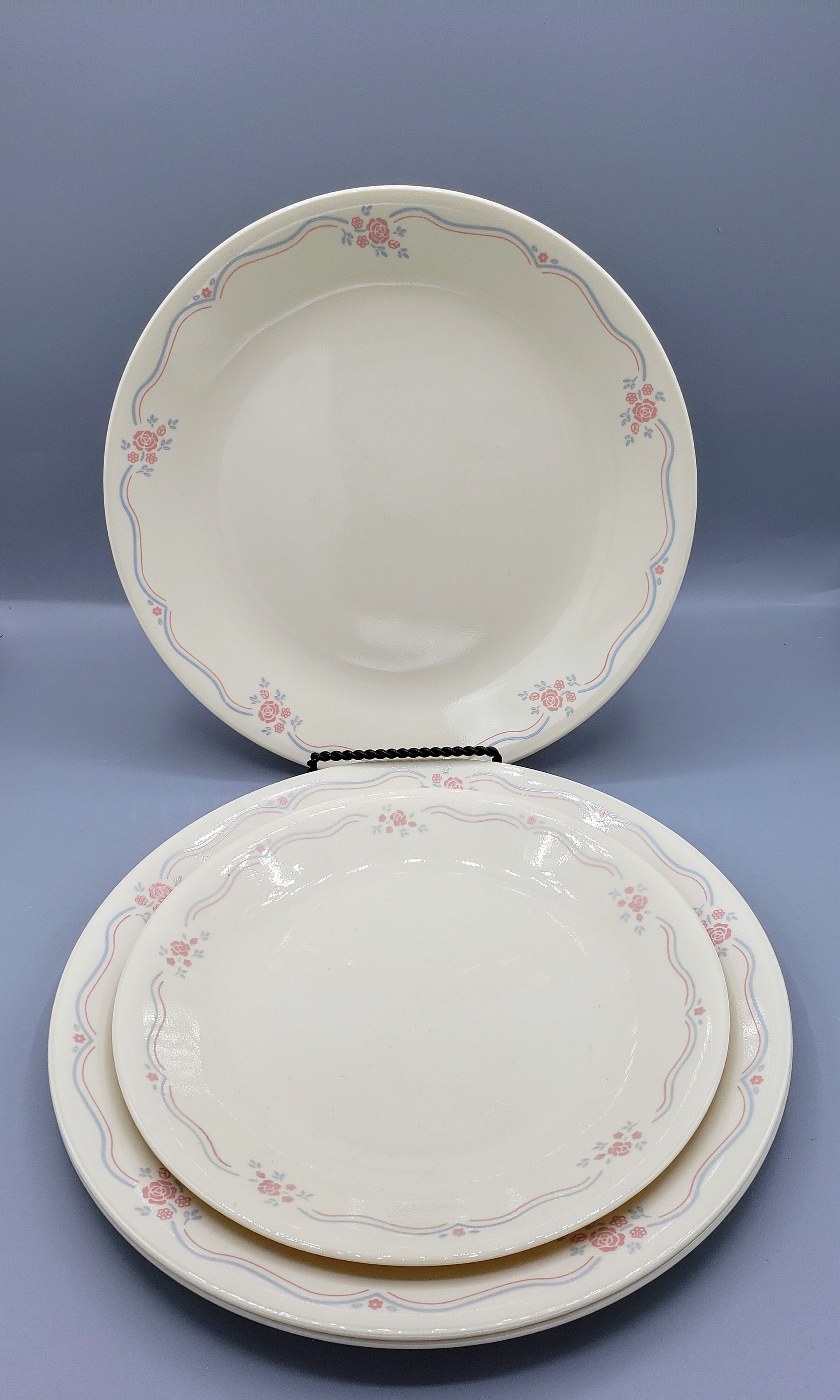 Retired Corelle by Corning English Breakfast 4 Dinner and 1 Luncheon Plates Beige With Pink Blue 1990 s Replacement Dinnerware Set Etsy