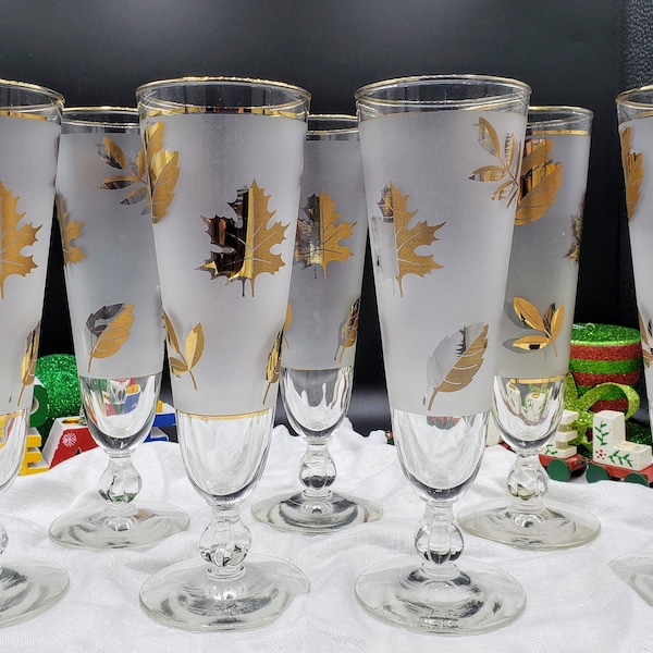 Libbey Golden Foliage Mid Century Set of 3 Pilsner Glasses ~ Frosted, Gold Leaf Aesthetic Glassware for Mid Mod Dinner Party, Home Barware