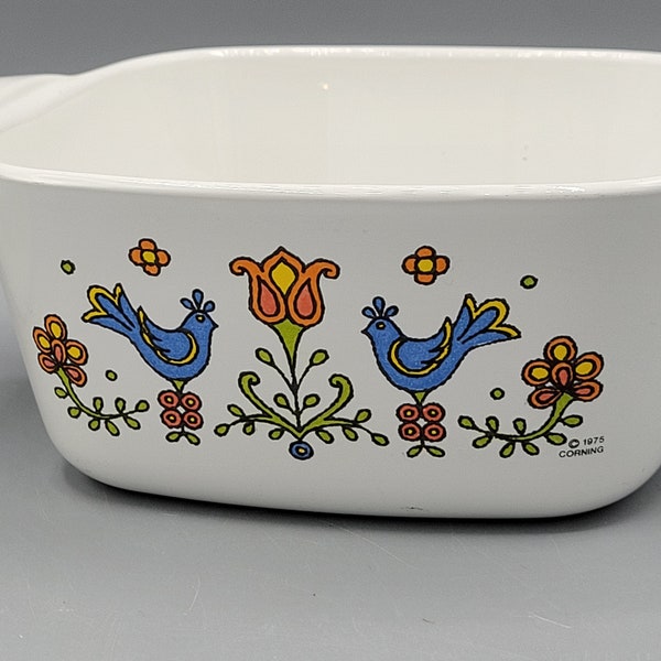 Corning Ware Small Casserole Dish ~ 43 B Country Festival with P41B PYREX Lid ~ Amish Style Birds, Flowers ~ Cooking for One, Mini Portions