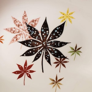 以下が含まれることがあります： 白いセラミック製の皿に、茶色、ピンク、緑、黄色の葉のスタイリッシュなデザインが施されています。葉は黒で縁取られ、白い点があります。