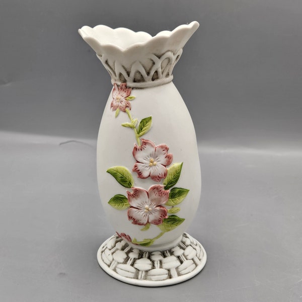 Vintage Lefton China Hand Painted Tilted Bud Vase ~ Embossed Pink Flowers and Trellis ~ Shabby Chic Home Decor Vibes Small Spaces Decorating