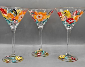 Spring Floral Hand Painted Martini Drinking Glasses ~ Butterfly, Flowers Blown Stemware ~ Shabby Chic Glassware Dinner Party ~ Gift for Her