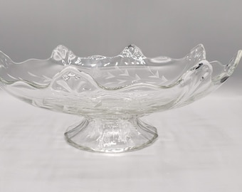 Art Deco Indiana Glass Co #607 Double Fleur de Lis Depression Glass Pointed, Footed Bowl ~ Etched Flowers, Leaves Hollywood Regency Compote