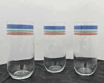 Set of 3 Bandana Iced Tea Tumblers, Drinking Glasses Matches International China Dinnerware Dishes ~ Blue, Green, Pink Bands Country Kitchen