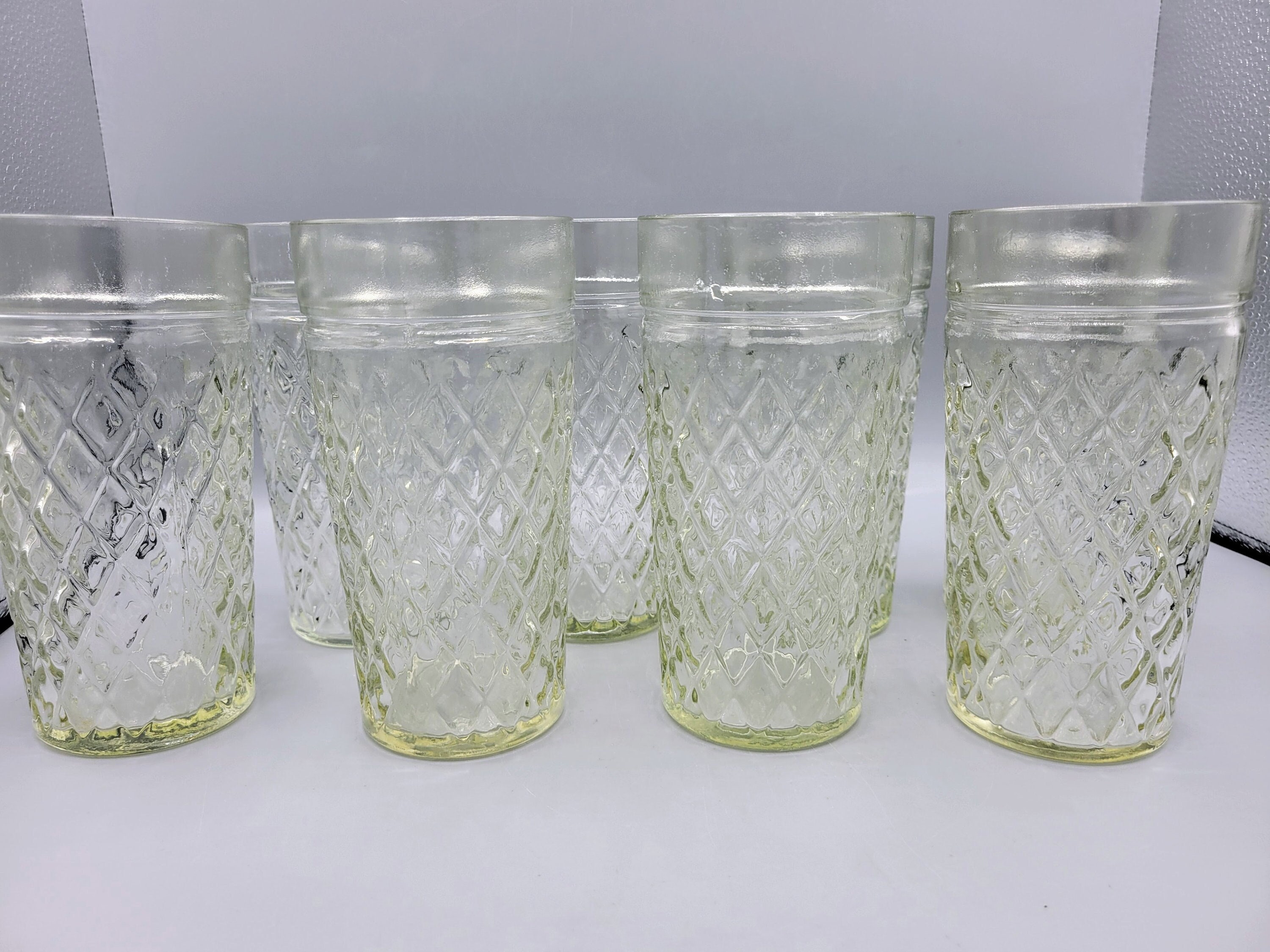 Set Of 2 Vintage 18 Oz Clear Drinking Glasses Thick Heavy Glass 9 Sided  Grooved