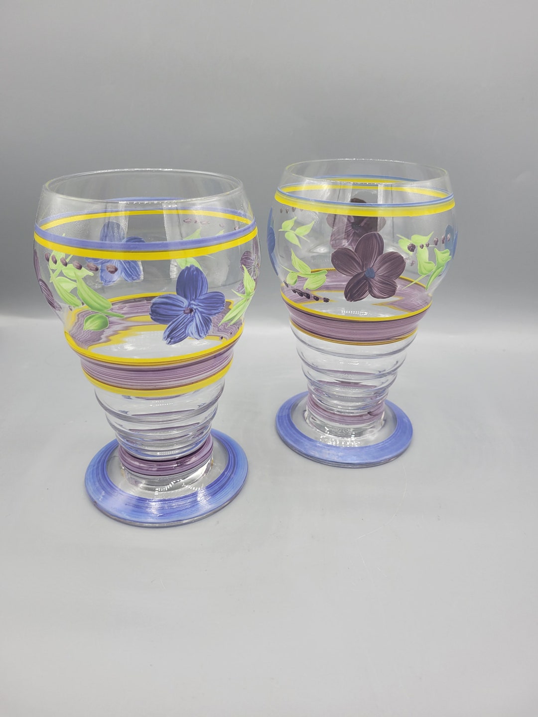 Gibson Bella Dinnerware Matching Pair of Hand Painted Curved Goblets Purple, Blue, Yellow