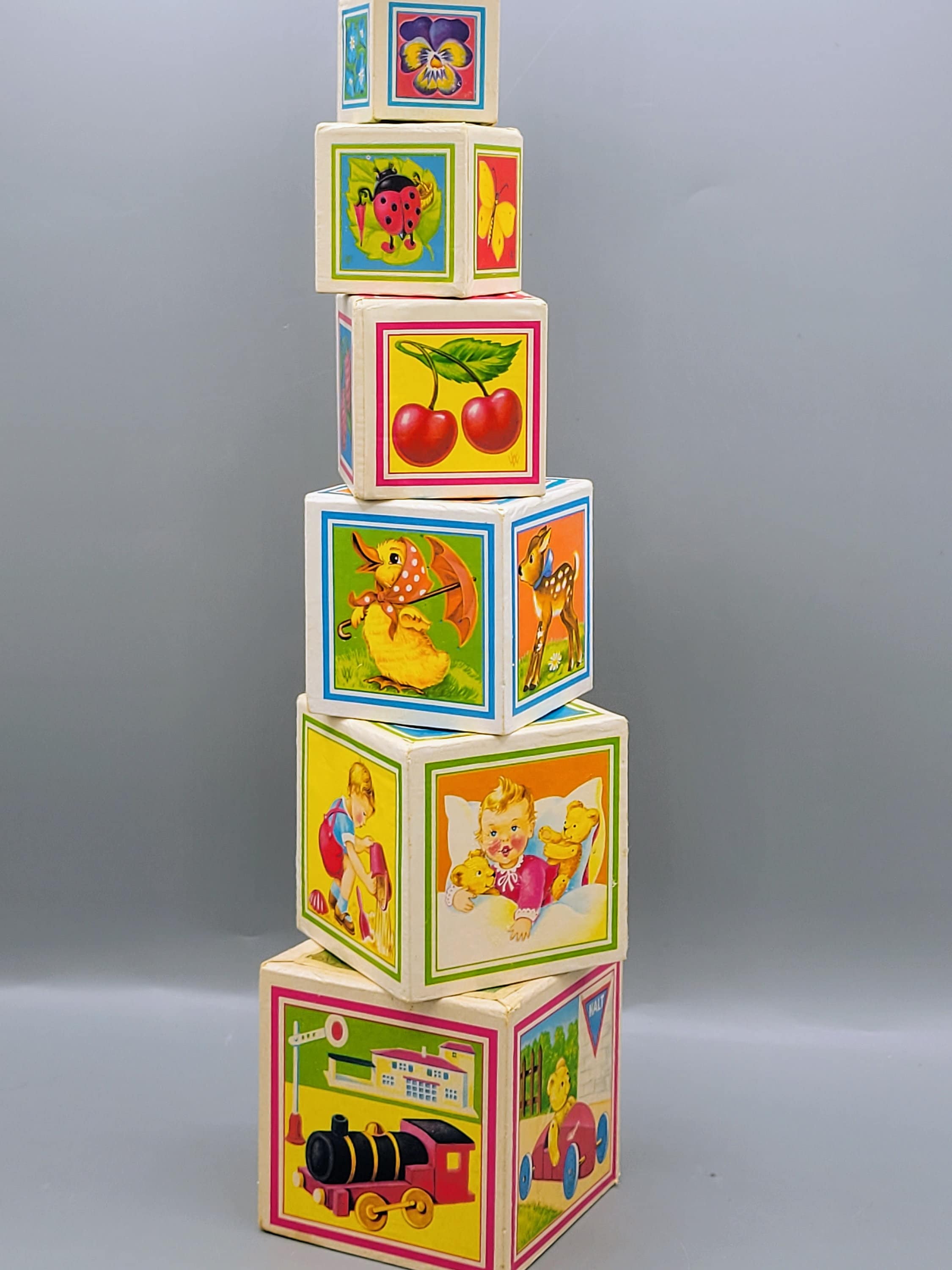 Mid Century Lithograph Covered Wooden Set of 6 Stackable Nesting