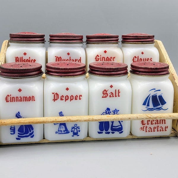 Hazel Atlas The Weideman Company Dutch Themed Milk Glass Spice Jars & Rack ~ Salt Pepper Mustard Cinnamon Cloves Allspice Cream of Tartar +