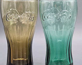 Vintage Collectible Libbey Coca Cola Drinking Glasses ~ You Choose: Pair of Flared Heavy Coke Glasses, Brown or Teal 6" Curved Glassware
