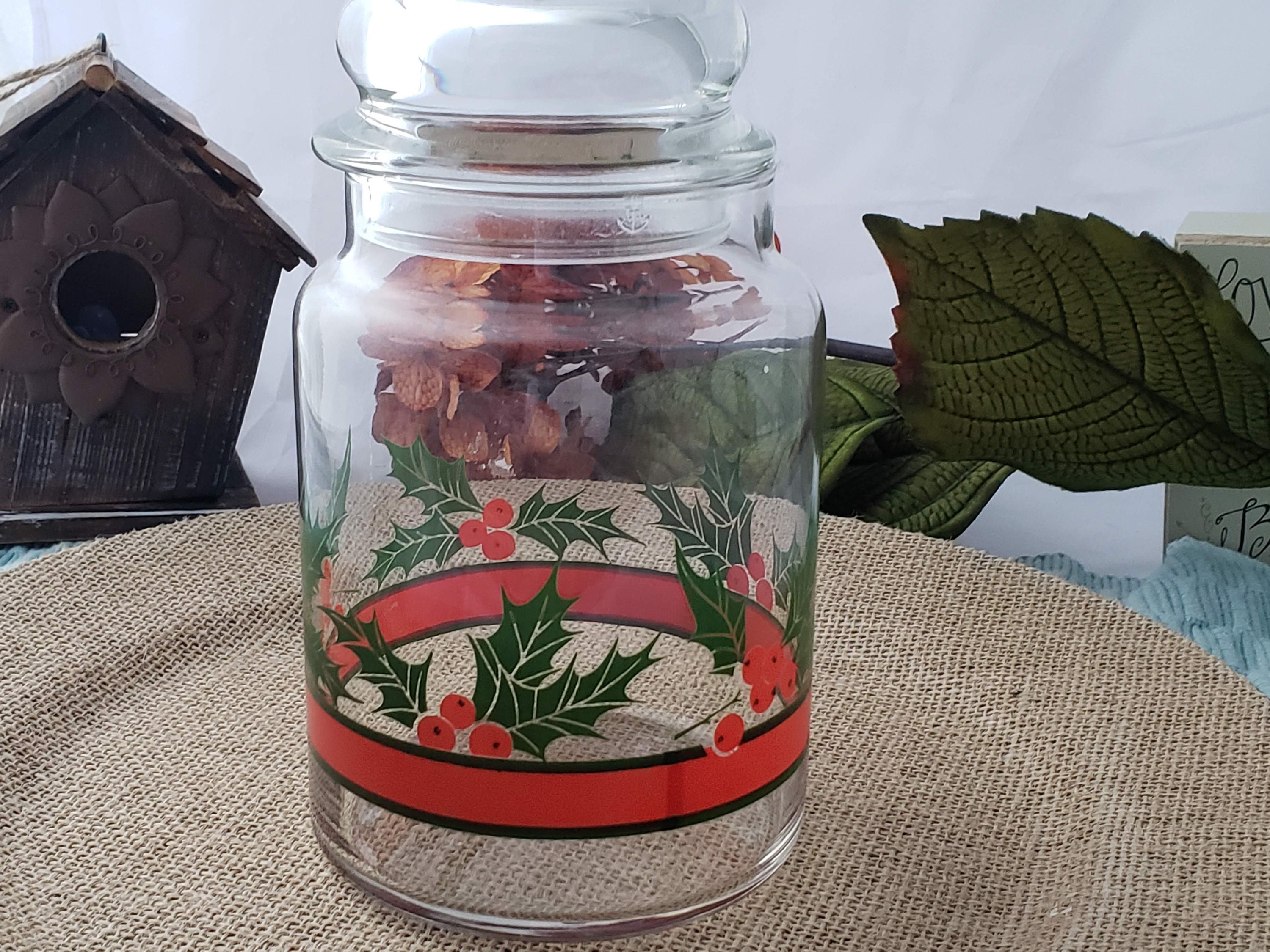 Vintage Anchor Hocking Glass Jar Holly Berries Red Stripe Etsy