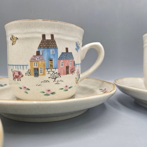 Vintage International China Heartland Stoneware Dinnerware ~ Cups and Saucers Sets ~ Country Farmhouse Pastoral Scenes Replacement Dishes