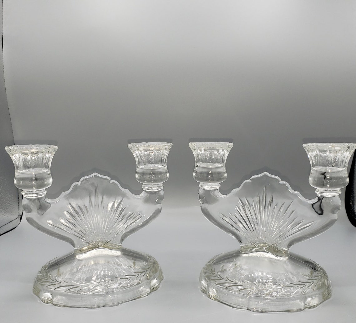 Pair of Depression Glass Double Candlestick Holder Vintage Etsy