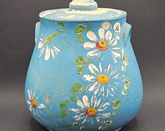 Rustic Retro Ransburg Pottery Country Farmhouse Kitchen Matte Blue Cookie Jar w Hand Painted White Daisies ~ Shabby Chic Depression Decor