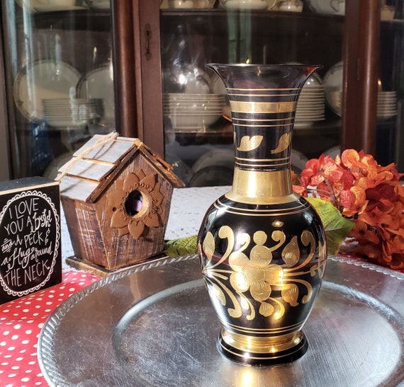 Vintage Black Enamel on Brass Asian Etched Floral Vase ~ Mid Mod