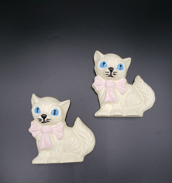 Vintage Blue Eyed White Cats ~ Chalk Ware Art Set ~ Cartoon