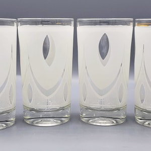 Zestaw 4 zabytkowych szklanek do koktajli Highball z połowy wieku, białe łuki i owalne okna ~ Shabby Chic Coolers Home Barware Bar Cart Set